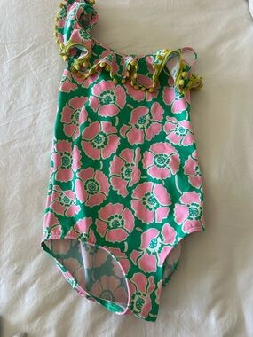 Mini Boden Pink & Green Floral Ruffle One-Piece Swimsuit with Yellow Pom Trim